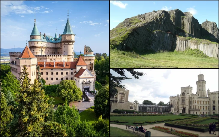 Cestovatelský kvíz: Koláž zámku Hluboká, hradu Bojnice a Panské skály